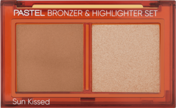 Paleta do konturowania Pastel Sun Kissed: pomarańczowe opakowanie, matowy bronzer i perłowy rozświetlacz.