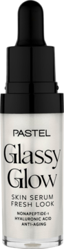 Pastel Glassy Glow Skin Serum w butelce z pipetą, widok z przodu. Biała butelka, anti-aging, kwas hialuronowy.