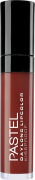 Matowa pomadka Pastel Daylong Lipcolor Kissproof w cylindrycznej butelce z płynem w kolorze burgunda, widok z przodu.