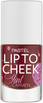 Pastel Lip To Cheek Tint Carmen, głęboki czerwony tint w szklanej butelce z białą nakrętką, widok z przodu.