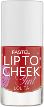 Czerwony tint Pastel Lip To Cheek Lolita w szklanej butelce z białą nakrętką, widok z przodu.