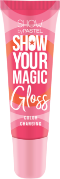 Pastel Magic Gloss, błyszczyk zmieniający kolor w różowej tubce z falistym wzorem, widok z przodu.