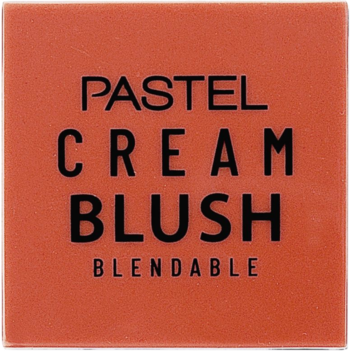 Kwadratowy kremowy róż Pastel Cream Blush w koralowym odcieniu, widok z góry, z napisem "BLENDABLE".