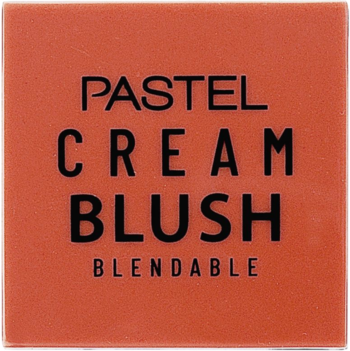 Kwadratowy kremowy róż Pastel Cream Blush w koralowym odcieniu, widok z góry, z napisem "BLENDABLE".