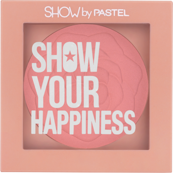 Róż do policzków Pastel Show Your Happiness 201 w brzoskwiniowym opakowaniu z wytłoczoną różą, widok z przodu.