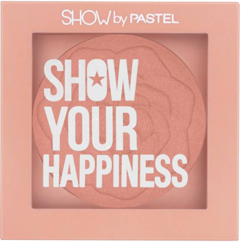 Kwadratowe opakowanie brzoskwiniowego różu Pastel Show Your Happiness, z wytłoczonym tekstem i wzorem róży.