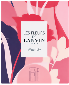 Front opakowania Lanvin Water Lily, kwiatowo-wodnych perfum damskich, z różowo-czerwonym wzorem kwiatowym.