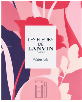 Front opakowania Lanvin Water Lily, kwiatowo-wodnych perfum damskich, z różowo-czerwonym wzorem kwiatowym.