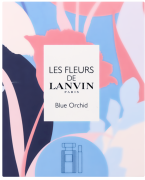 Opakowanie Lanvin Blue Orchid, abstrakcyjny kwiatowy wzór w błękicie i różu, biała etykieta LES FLEURS DE LANVIN.