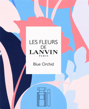 Zestaw Lanvin Blue Orchid EDT, opakowanie z niebiesko-różowym abstrakcyjnym wzorem i ilustracją butelek.