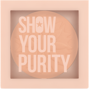Matujący puder Show Your Purity w beżowym kompakcie z wytłoczonym napisem i liściem, widok z góry.