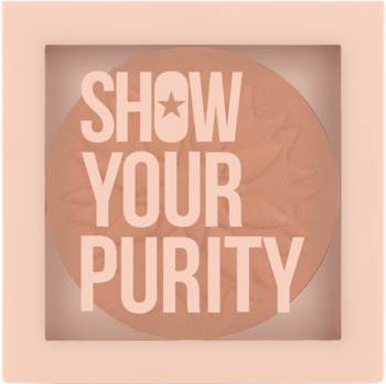 Matujący puder do twarzy Show Your Purity nr 102, beżowy, okrągły, z napisem i reliefowym wzorem.