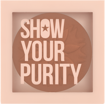 Show Your Purity matujący puder w kamieniu nr 104, beżowy, z tekstem i gwiazdką, widok z góry.