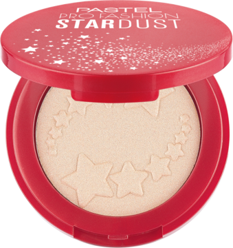 Otwarty kompakt Pastel Profashion Stardust, czerwony rozświetlacz w kamieniu z wytłoczonymi gwiazdkami.