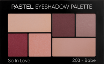 Pastel So In Love paleta cieni, 6 odcieni nude, brązu, burgundu, matowe i lekko błyszczące, widok z góry.