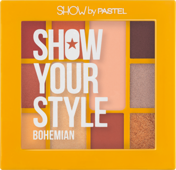 Paleta cieni Show Your Style Bohemian, 10 kolorów w pomarańczowej ramce, matowe i błyszczące odcienie różu i złota.