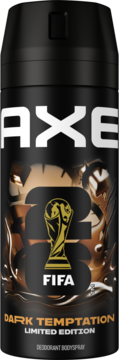 Czarny dezodorant Axe Dark Temptation FIFA Limited Edition w sprayu, z logo FIFA i ciemnym wzorem czekolady.