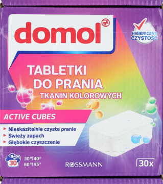 Fioletowe pudełko Domol Active Cubes, 30x tabletki do prania kolorowych tkanin, z grafiką białej tabletki, widok z przodu.