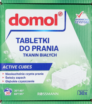 Domol Active Cubes tabletki do prania białych tkanin, zielono-białe pudełko, widok z przodu z 30 kostkami.