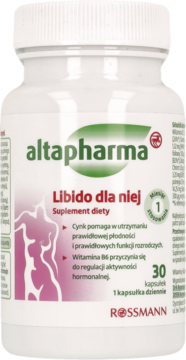 Biała butelka suplementu Altapharma Libido dla niej z zielono-fioletową etykietą i grafiką kobiecej sylwetki, widok frontalny.