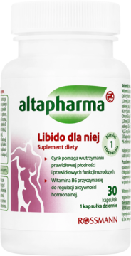 Biały słoiczek altapharma Libido dla niej, suplement diety z cynkiem i B6, widok z przodu. Etykieta z różową sylwetką.