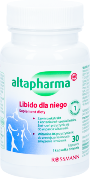 Biała butelka Altapharma Libido dla niego, suplement diety, widok z przodu, z sylwetką męskiego torsu.