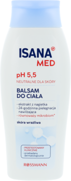 Biała butelka Isana Med pH 5,5 Balsam do ciała z ekstraktem z nagietka, dla skóry wrażliwej, widok z przodu.