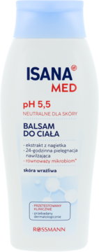 Biała butelka Isana Med pH 5,5 Balsam do ciała z ekstraktem z nagietka, dla skóry wrażliwej, widok z przodu.