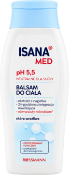 Isana Med balsam do ciała pH 5.5 z nagietkiem, biała butelka z niebieską nakrętką, widok z przodu.