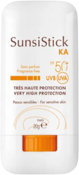Biały sztyft przeciwsłoneczny SunsiStick KA SPF 50+ do skóry wrażliwej, z pomarańczowymi detalami, widok z przodu.