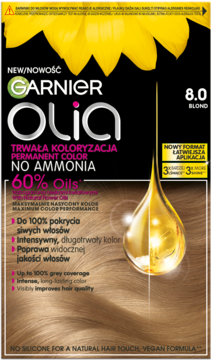 Garnier Olia 8.0 Blond, trwała farba do włosów, pudełko z kroplą oleju i kwiatami, widok z przodu.