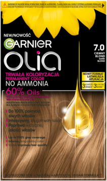 Garnier Olia 7.0 Ciemny Blond, trwała farba do włosów bez amoniaku, czarne pudełko z żółtym słonecznikiem.