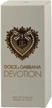 Biało-złote pudełko perfum Dolce & Gabbana Devotion EDP z emblematem serca i perłami, widok z przodu.