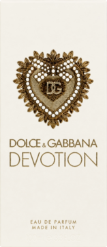 Dolce & Gabbana Devotion woda perfumowana, białe pudełko ze złotym sercem i perłami, widok z przodu.