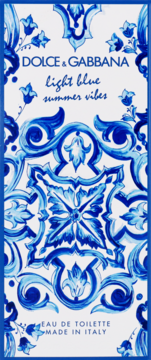 Dolce & Gabbana Light Blue Summer Vibes EDT, biało-niebieskie pudełko z ozdobnym wzorem płytek.