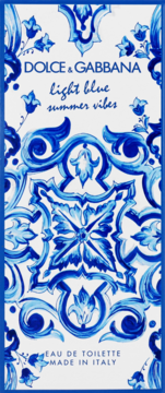 Dolce & Gabbana Light Blue Summer Vibes woda toaletowa, widok z przodu pudełka z biało-niebieskimi wzorami maioliki.
