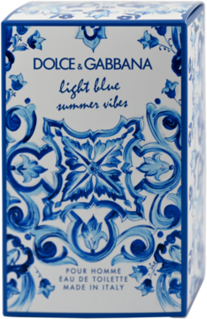 Białe pudełko Dolce & Gabbana Light Blue Summer Vibes Pour Homme z niebieskimi wzorami, widok z przodu.