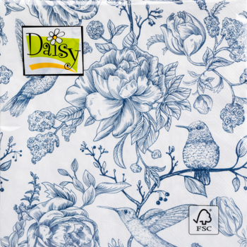 Serwetki papierowe Daisy 33x33 cm, 20 sztuk, niebieski wzór kwiatów i ptaków na białym tle, widoczne logo FSC.