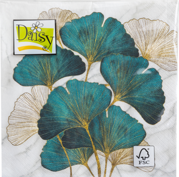 Opakowanie serwetek Daisy 33x33 cm z turkusowo-złotymi liśćmi miłorzębu na białym marmurowym tle.