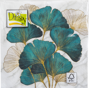 Opakowanie serwetek Daisy 33x33 cm z turkusowo-złotymi liśćmi miłorzębu na białym marmurowym tle.