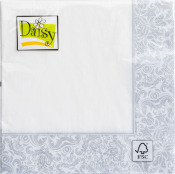 Białe, trzywarstwowe serwetki lunchowe Daisy 33x33 cm w folii, z szarym wzorem i logo FSC, widok z przodu.