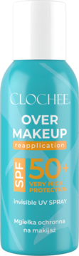 Clochee Over Makeup SPF 50+ Invisible UV Spray, turkusowa butelka z białym korkiem, widok z przodu.