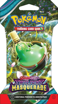 Zielony booster Pokémon TCG Twilight Masquerade, z zielonym dzbanowatym Sinistchą i motywem liści.