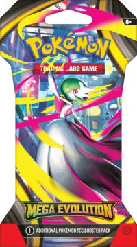 Booster pack Pokémon TCG Mega Evolution, z Mega Gardevoir ex w bieli i różu na tle dynamicznego miasta, widok z przodu.