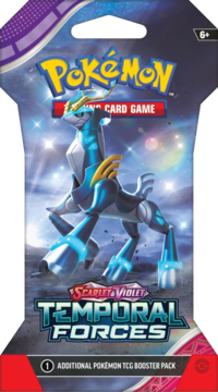Pokémon TCG Scarlet & Violet Temporal Forces booster pack, z Walking Wake na grafice, fioletowo-niebieskie, front opakowania.