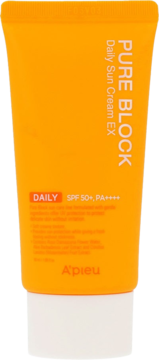 Pomarańczowa tubka kremu Pure Block Daily Sun Cream EX SPF 50+ PA++++, A'pieu, widok z przodu.