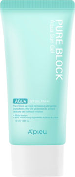 Żel przeciwsłoneczny A'pieu Pure Block Aqua Sun Gel SPF50+ w turkusowej tubce, widok z przodu.