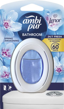 Odświeżacz Ambi Pur Bathroom Lenor Spring Awakening, owalny, z błękitnym płynem, na toalecie, widok z przodu.