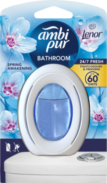 Odświeżacz Ambi Pur Bathroom Spring Awakening Lenor. Biała, owalna obudowa z niebieskim płynem, w kwiatowym opakowaniu.