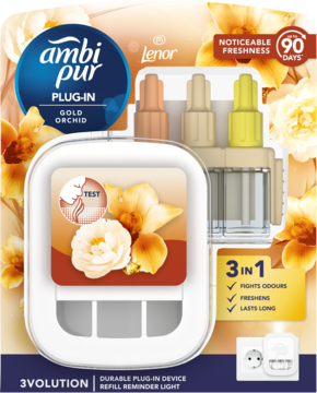 Ambi Pur 3Volution Plug-in Gold Orchid odświeżacz 3w1, widok z przodu opakowania z wtyczką i wkładami.